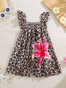 SHEIN Young Girls Floral & Leopard Print Square Neck Cap Sleeve Dress - Multicolor - View 1