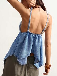 Bohemela New Women's Denim Top With Asymmetrical Hem And Rivet Embellishments, Fashionable And Sexy Denim Suspender Top, Blue Denim Top, Y2K Suitable For Casual Vacations, Outings, Beach Wear, And Music Festivals.  Summer Tops - Light Wash - View 2