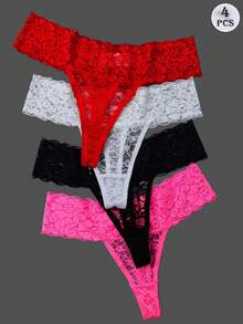 ROMWE Kawaii 3 条装性感女式蕾丝丁字裤，90% 聚酰胺 10% 氨纶，薄款 T 背比基尼丁字裤，针织面料，纯色，低腰，165gsm 轻盈内衣 - 彩色 - 查看 1