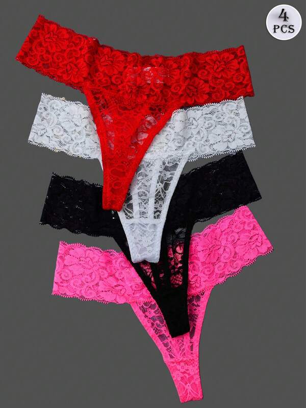 ROMWE Kawaii 3 Packs Sexy Women'S Lace G-String Panties, 90% Polyamide 10% Spandex, Thin T-Back Bikini Thongs, Knit Fabric, Solid Color, Drop Waist, 165gsm Lightweight Lingerie