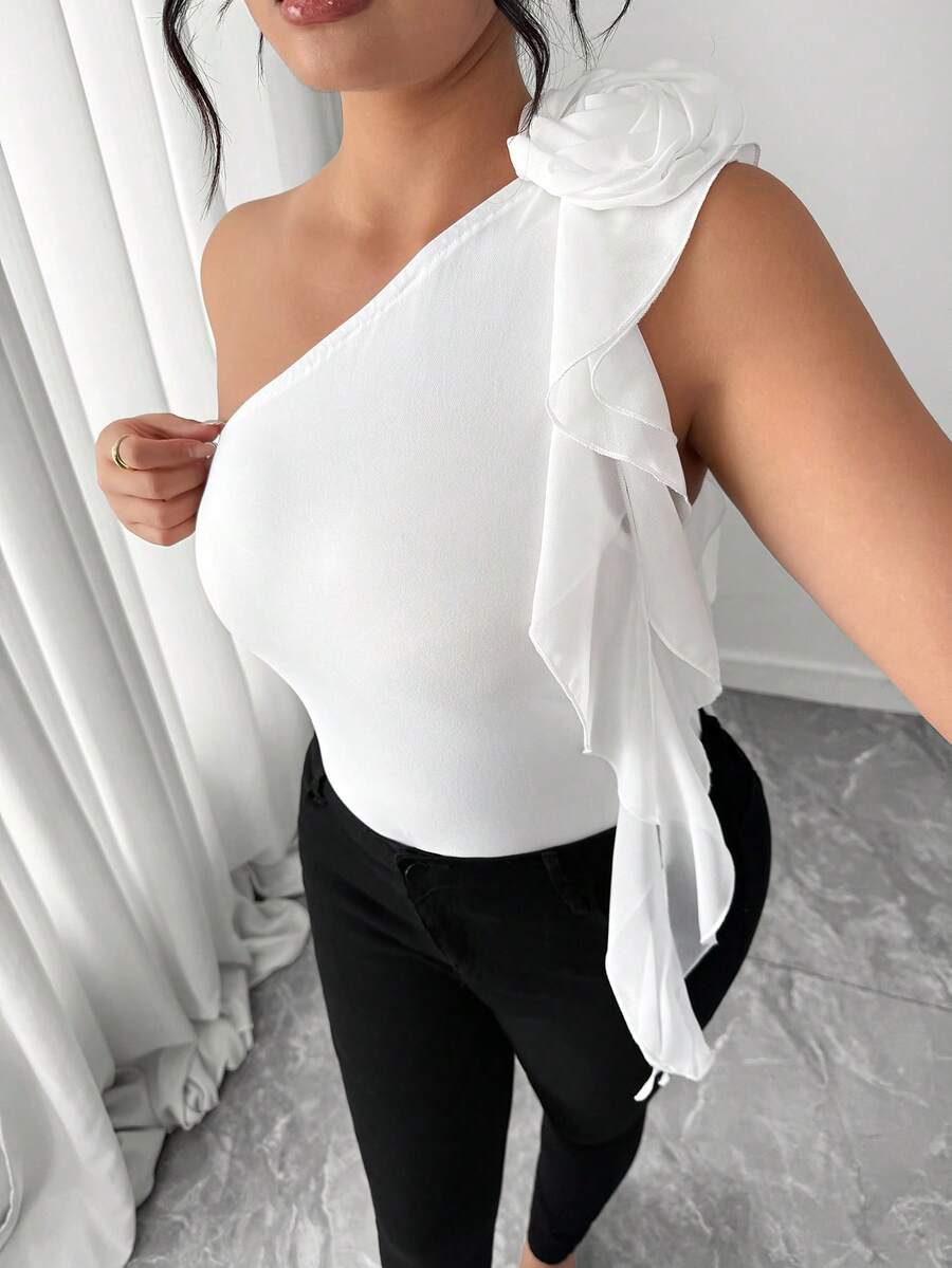 Elenzga Women's New Knitted Elastic Oblique Shoulder Collar Fitted Top With White 3D Floral Decor, Asymmetrical Ruffle Trim, Elegant French Minimalist Style For Commuting Women Elegant Outfits Women's White Top - White - View 1