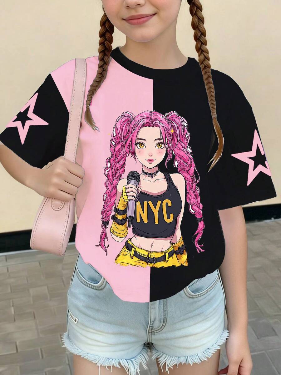 1 pieza Blusa de manga corta con cuello redondo y estampado de niña estrella de K-POP de colores, adecuada para uso diario y vacaciones de niñas jóvenes, primavera, verano, todo el año - Rosa - Ver 1