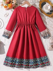 SHEIN Tween Girl Vacation Geometric Pattern Sequin Tassel 3/4 Sleeve Loose Dress - Red - View 2
