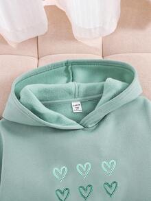SHEIN Tween 女童宽松休闲简约心形图案连帽运动衫，长袖，适合秋冬季 - 綠色 - 查看 9