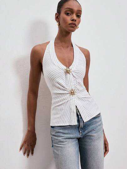ATUI Studio Women's Striped Metal Button Top – Tencel Linen Blend Blouse, Elegant Chic Everyday Basic For Summer Beach, Party & Vacation