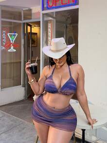 SHEIN Swim Curve Plus Size Women's Bikini Set Set, Halter Neck Tie Strap Triangle Top, Mesh Skirt, Drawstring Sides, 3-Piece Sexy Vacation Set - Bronze - View 8