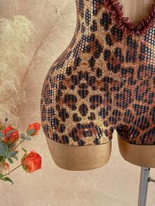 Soleia Mono de mujer con estampado de leopardo, volantes con lentejuelas y recortes calados, sexy - Café integral - Ver 5