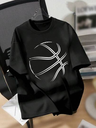 青少年男童休闲简约篮球图案圆领运动风短袖T恤，适合返校、生日派对、演出、洗礼、开幕式、日常穿着、学校、旅行、运动、春夏等场合。