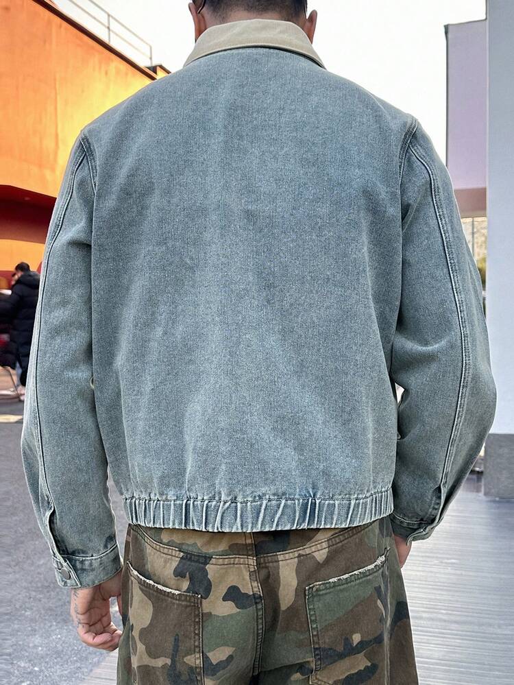 Men's Colorblock Collar Blue Denim Jacket, Suitable For Spring And Autumn