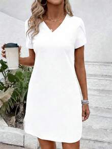 EMERY ROSE Women's Casual Solid Color V-Neck Petal Sleeve Dress - White - View 4