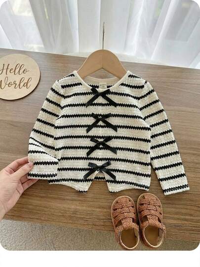 One-Piece Baby Girl Casual, Simple, Street Style, Commuting, Knitted Striped Round Neck Fitted Vest, Suitable For Spring And Summer, Suitable For Outings And Other Occasions.