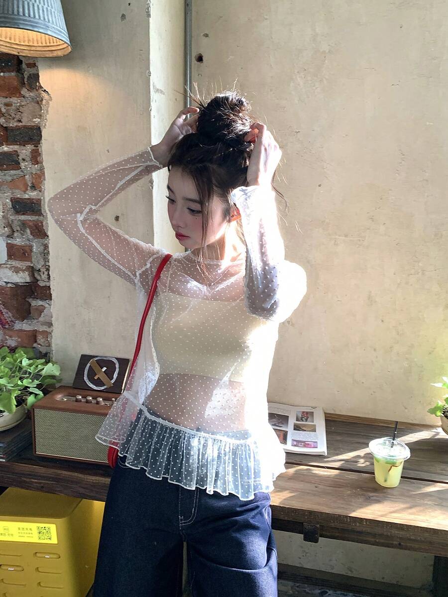 DAZY Women's Mock Neck Flocked Polka Dot Ruffle Trim Long Sleeve Blouse - White - View 1