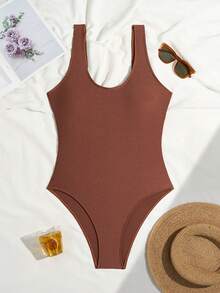 Swim Chiccia 2025 Women's Solid Color One-Piece Swimsuit For Beach Vacation Modest One Piece Swimsuit Tan Swimsuit - Coffee Brown - View 2