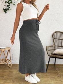SHEIN Maternity Tank Top And Adjustable Waist Drawstring Fitted Skirt 2 Pieces Set - Grey - View 6