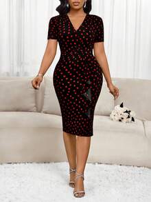 SHEIN Lady Schwarzes Herzprint Wickel-Rüschen-Saum Figurbetontes Mini-Kleid - Schwarz - Übersicht 3