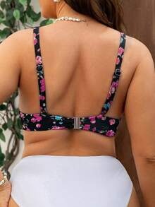 SHEIN Swim Curve Plus Size Women Floral Random Print Drawstring Halter Bikini Top, Summer Beach Swimwear - Multicolor - View 2