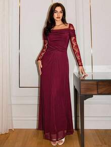 Modelyn Wine Red Mesh Lace Ruffle French Elegant Long Dress For Outing And Date - Burgundy - View 5