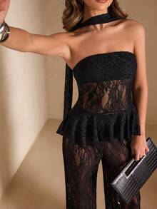 SHEIN BAE Black Lace Bandeau Flared Top & Sheer Lace Pants Sexy 2 Pieces Set, Spring/Summer Sexy Black Lace 2 Pieces Set Lace Two Piece Set - Black - View 6