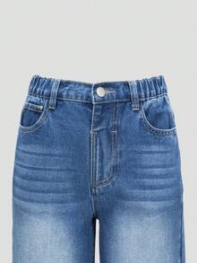 少女两件套牛仔裤套装，夏季新品，四季皆宜，中蓝色、黑色、灰色水洗牛仔布，休闲学院风，做旧宽松阔腿直筒裤，舒适棉质牛仔面料，适合日常穿着、上学、通勤。 - 彩色 - 查看 3