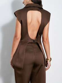 Aveloria Modichic Elegant & Chic Women's Commuting Modern Luxury Sleeveless Lapel Back Hollow Buttoned Blazer Jacket Paired With Straight Leg Suit Pants & Vest Set - Brown - View 2