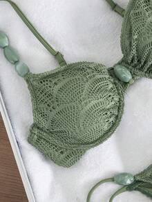 Swim Chiccia Sexy einfarbiger Muschelgitter-Türkis-Accessoire-Stahlband-Bikini-Set für den Sommerurlaub - Grün - Übersicht 2