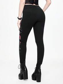 ROMWE Goth Spring/SummerWomen's Dark Forbidden Forest Sword Rose Floral Print Leggings - Black - View 3
