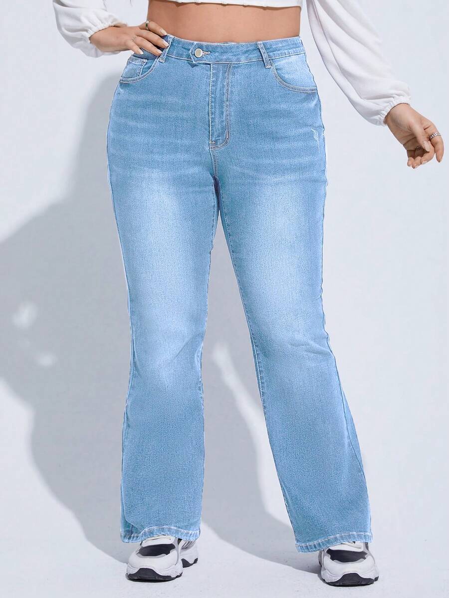SHEIN ICON 大码浅蓝色系带休闲修身牛仔裤 - 淺色水洗藍 - 查看 1