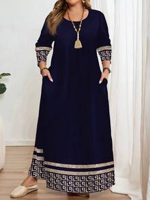 EMERY ROSE Classic Geometric Print Plus Size Long Sleeve Round Neck Dress, Suitable For Autumn/Winter - Multicolor - View 5