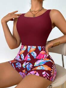 Swim Lushoire 女士沙滩度假休闲连体泳衣 - 酒紅色 - 查看 5