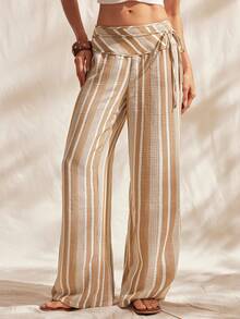 Easelle Striped Print Knotted Casual Loose Wide Leg Pants Bohemia Summer Spring  Beach Pants  Vacation Outfits Women Khaki Loose And Comfortable - Butter Yellow - View 1