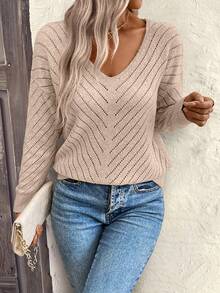 SHEIN LUNE Sweater Wanita Longgar Kasual Berongga Geometris Bertekstur Leher V - Aprikot - View 4