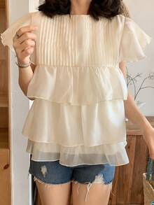 FRIFUL 女士圆领花瓣袖宽松衬衫，层叠荷叶边下摆，夏季款 - 杏色 - 查看 3