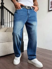 Manfinity EMRG 男士休闲宽松版型破洞裤脚豹纹胡须印花蓝色牛仔裤 - 中等水洗藍 - 查看 5