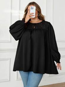 SHEIN CURVE+ Áo kiểu nữ cỡ lớn tay dài cổ tròn thắt nơ phía trước, họa tiết nhiệt đới cổ điển, phong cách Bohemian, trang phục nghỉ dưỡng, Ibiza, mùa thu. - màu đen - Xem 8