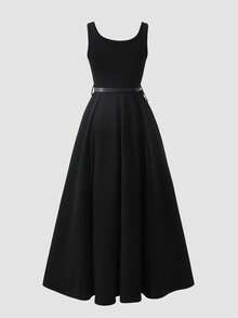 SHEIN 少女休闲度假通勤极简主义束腰伞裙连衣裙搭配条纹水手披肩 - 黑與白 - 查看 5