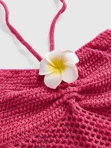 ROMWE Blusa colgante de cuello hueco con estilo de vacaciones y diseño de girasol tejido - Rosa Fucsia - Ver 3