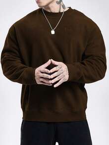 Manfinity Sport PWRUP Men's Casual Everyday Commute Barbell Embroidery Crew Neck Thermal Lined Warm Sweatshirt, Autumn/Winter - Camel - View 3