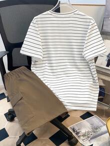 SHEIN 男童休闲短袖上衣短裤套装（两件套），街头风、朋克摇滚风、学院风，适合春夏、派对、音乐节等场合，英文涂鸦印花和撞色设计 - 彩色 - 查看 3