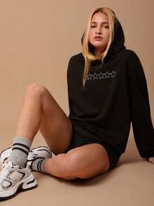 SURIMA Women's Casual Fashionable Street Sweatshirt, Star & Letter Print With Rhinestone Decor, Loose Fit Pullover For Daily Commute - Black - View 5
