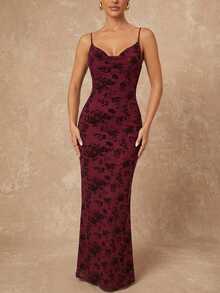 Lumalex 春夏新款女士聚会派对魅力优雅宴会低调奢华闪耀假日派对魅力优雅锐舞节郊游度假热门户外丰富层次婚礼季宴会成人礼花卉3D天鹅绒吊带露背金属链装饰紧身美人鱼连衣裙，适合女士奢华舞会圣诞节新年，女士派对礼服，宰牲节派对，情人节浪漫约会 - 酒紅色 - 查看 8