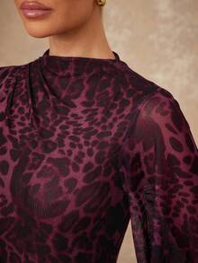 Lumalex 女士豹纹超大款薄纱飘逸系带连衣裙 - 酒紅色 - 查看 6