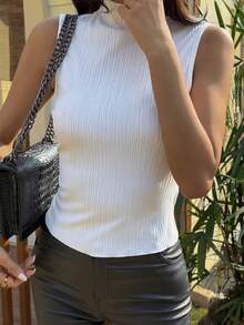 DAZY Women's Solid Color Stand Collar Casual Versatile Sleeveless Top For Daily Wear - White - View 5