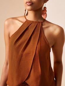 Zivah Spring/Summer New Arrivals: Music Festival, Western, Nomadic, Birthday Party, Graduation Season, Preppy, Student Wear, Everyday Wear, Basic Versatile, Casual, Vacation, Cruise Travel, Beach, Seaside, Sunbathing, Popular Influencer Items, Streetwear, Wedding Guest Wear, Bohemian, Commuter, Brunch Wear, Airport Wear, Casual And Elegant Halter Vest And Pocketed Wide-Leg Trousers, Crinkled Fabric Women's Two Pieces Set - A - Redwood - View 6