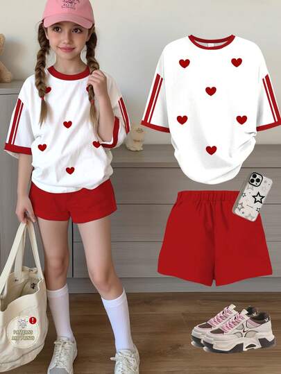 Set de 2 piezas, Conjunto informal de camiseta de manga corta y pantalones cortos con estampado de rayas rojas y blancas con corazón minimalista elegante y personalizado para niña preadolescente, adecuado para el verano, ideal para el Día de San Valentín, estilo escolar, estilo vacacional