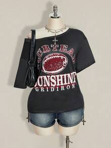 SHEIN ICON Plus Size Women Y2K Vintage Football Graphic Oblique Shoulder Loose Casual T-Shirt - Multicolor - View 2