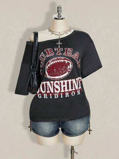 SHEIN ICON Plus Size Women Y2K Vintage Football Graphic Oblique Shoulder Loose Casual T-Shirt
