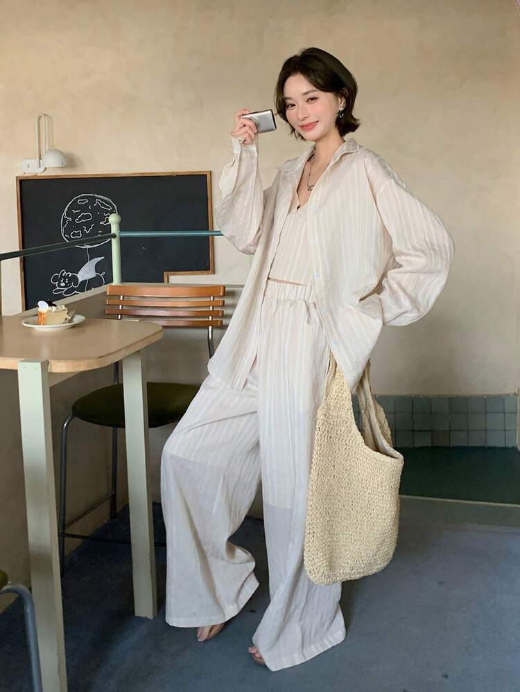 Women's Striped Drop Shoulder Long Sleeve Shirt, Camisole And Pants Casual Suit