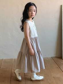 DAZY Young Girl Round Neck Casual Floral Print Colorblock Cute Dress Summer - Baby Pink - View 3