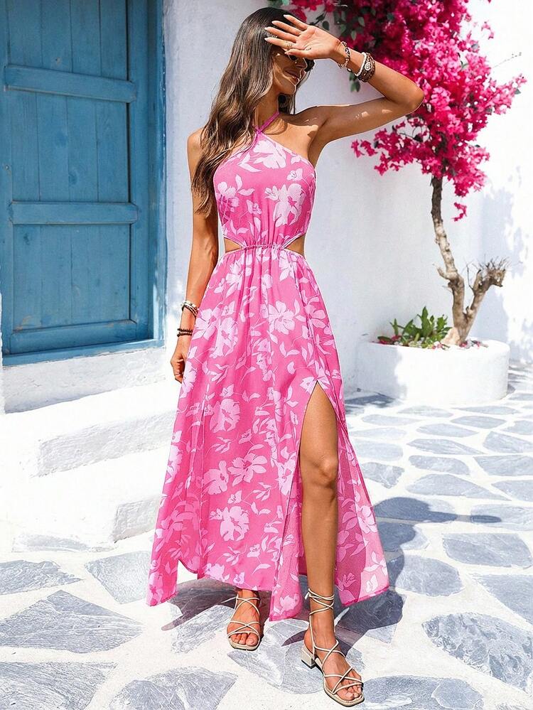 Vivid Eden 女士无袖镂空腰部印花连衣裙，适合夏季度假 - 粉色 - 查看 3