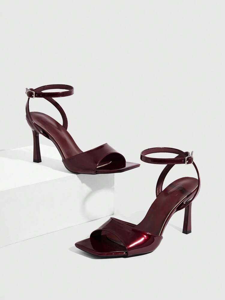 CUCCOO SZL Women Shoes Spring And Summer New Burgundy Mirror One Piece Peep Toe Ankle Strap Women's High Heel Sandals Fashion Comfortable Versatile Sexy Party Women's Sandals Peep Toe Sandals